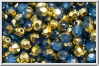 B�hm. Glasschliffperle, feuerpol., 4mm, sapphire, opal, half brass, 50 Stk.