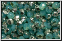 B�hm. Glasschliffperle, feuerpol., 4mm, aqua, lt., opal, half silver, 50 Stk.