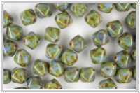 b�hm. Glasperle, Bicone, 8mm, blue, opaque, picasso, 10 Stk.