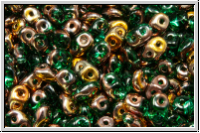 SD-50720-27101, SuperDuo Beads, emerald, lt., trans., half capri gold, 10g