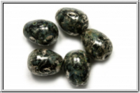 B�hm. Glasperle, Tropfen, l�ngs gebohrt, 11x8mm, black, op., silver picasso, 5 Stk.