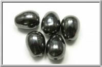 B�hm. Glasperle, Tropfen, l�ngs gebohrt, 11x8mm, hematite, met., 5 Stk.