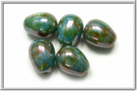 B�hm. Glasperle, Tropfen, l�ngs gebohrt, 11x8mm, white, op., blue/brown marbled, 5 Stk.