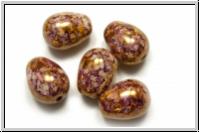 B�hm. Glasperle, Tropfen, l�ngs gebohrt, 11x8mm, white, op., lila gold luster, 5 Stk.