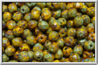 B�hm. Glasschliffperle, feuerpol., 4mm, yellow, lt., op., silver picasso, 50 Stk.