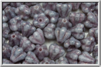 B�hm. Glasperle, Flower "Baby Bells", 6x6mm, white, op., lavender marbled, 25 Stk.