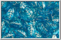 Bl�tter, 9x14mm, gewellt, side-drilled, aqua, trans., silver painted, 10 Stk.