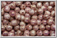 b�hm. Glasperle, rund, 4mm, white, op., lila marbled, 50 Stk.