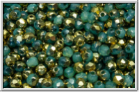 B�hm. Glasschliffperle, feuerpol., 3mm, turquoise, opal, half brass, 50 Stk.
