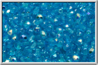 B�hm. Glasschliffperle, feuerpol., 3mm, aqua, dk., trans., AB, 50 Stk.