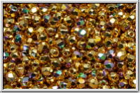 B�hm. Glasschliffperle, feuerpol., 3mm, crystal, trans., full 24kt gold plated, AB, 50 Stk.