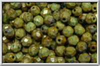 B�hm. Glasschliffperle, feuerpol., 4mm, olivine, dk., op., dk. picasso, 50 Stk.
