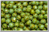 B�hm. Glasschliffperle, feuerpol., 4mm, white, op., olivine marbled, 50 Stk.