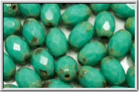 B�hm. Glasschliffperle, Olive, 8x6mm, green turquoise, op., picasso, 25 Stk.