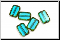 b�hm. Glasperle, table cut, Rechteck, 12x8mm, aqua, trans., dk. picasso, 5 Stk.