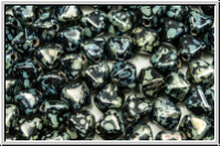 b�hm. Glasperle, Bicone, 6mm, black, op., silver picasso, 30 Stk.