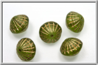 b�hm. Glasperle, Kreisel, 8mm, olivine, trans., gold strip, 1 Stk.