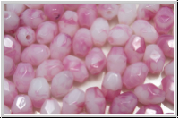 B�hm. Glasschliffperle, Olive, 6x4mm, white/rose, op., 25 Stk.