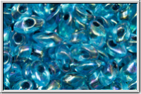 LMA-2168, MIYUKI Long Magatamas, 4x7mm, aqua, trans., black-ld., AB, 80 Stk.