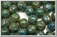 B�hm. Glasperle, Kugel mit Kerben, 8mm, blue, op., silver picasso, 10 Stk.