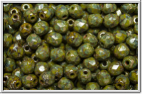 B�hm. Glasschliffperle, feuerpol., 4mm, olivine, dk., op., silver picasso, 50 Stk.