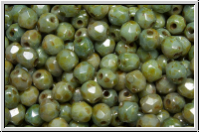 B�hm. Glasschliffperle, feuerpol., 4mm, white, op., blue/brown marbled, 50 Stk.