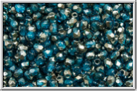 B�hm. Glasschliffperle, feuerpol., 3mm, capri blue, lt., trans., half chrome, 50 Stk.