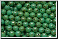 b�hm. Glasperle, rund, 4mm, turquoise, op., silver picasso, 50 Stk.