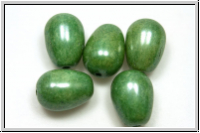 B�hm. Glasperle, Tropfen, l�ngs gebohrt, 11x8mm, white, op., green marbled, 5 Stk.