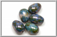 B�hm. Glasperle, Tropfen, l�ngs gebohrt, 11x8mm, white, op., blue/brown marbled, 5 Stk.