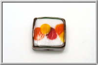 ital. Lampenperle, Quadrat, 14mm, mit Goldrand, whtie, op., orange dots, 1 Stk.