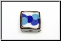 ital. Lampenperle, Quadrat, 14mm, mit Goldrand, whtie, op., blue dots, 1 Stk.