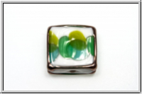 ital. Lampenperle, Quadrat, 14mm, mit Goldrand, whtie, op., green dots, 1 Stk.